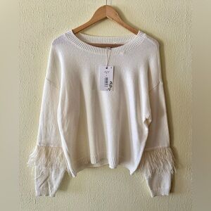 Chelsea & Violet Ivory Fringe Sleeve Knit Sweater | Size L | NWT